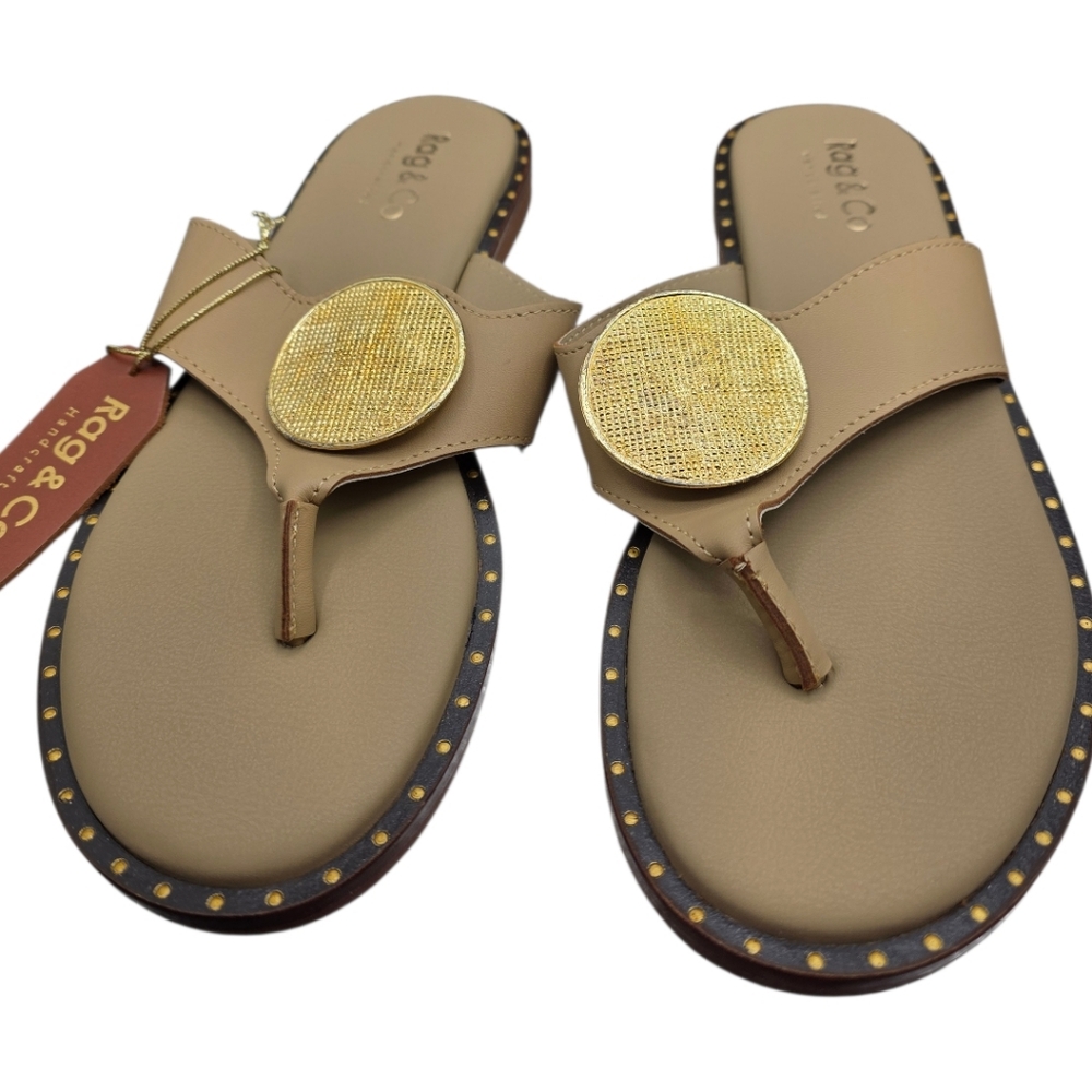 Rag & Co Genuine Leather Thong Sandals 7.5 Gold Medallion NWT